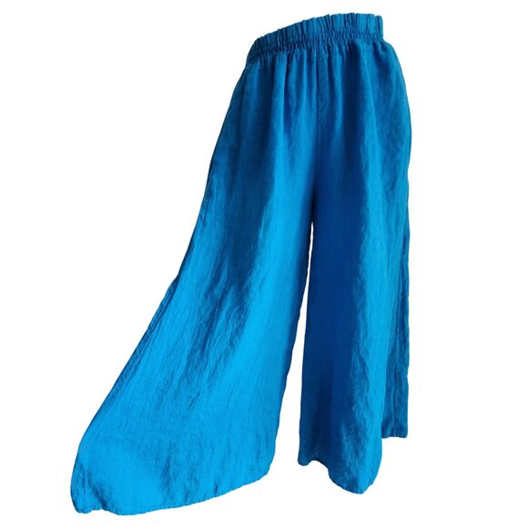 Made In Italy 100% Linen Super Wide Leg Ankle Palazzo Pants Turquoise Blue Sz M - Picture 5 of 15